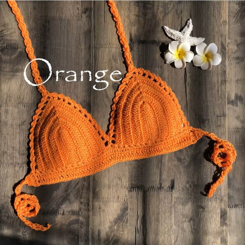 Orange Handmade Crochet Bikini Top Bra Halter Tie Swimwear‎ Beach Boho S-XL